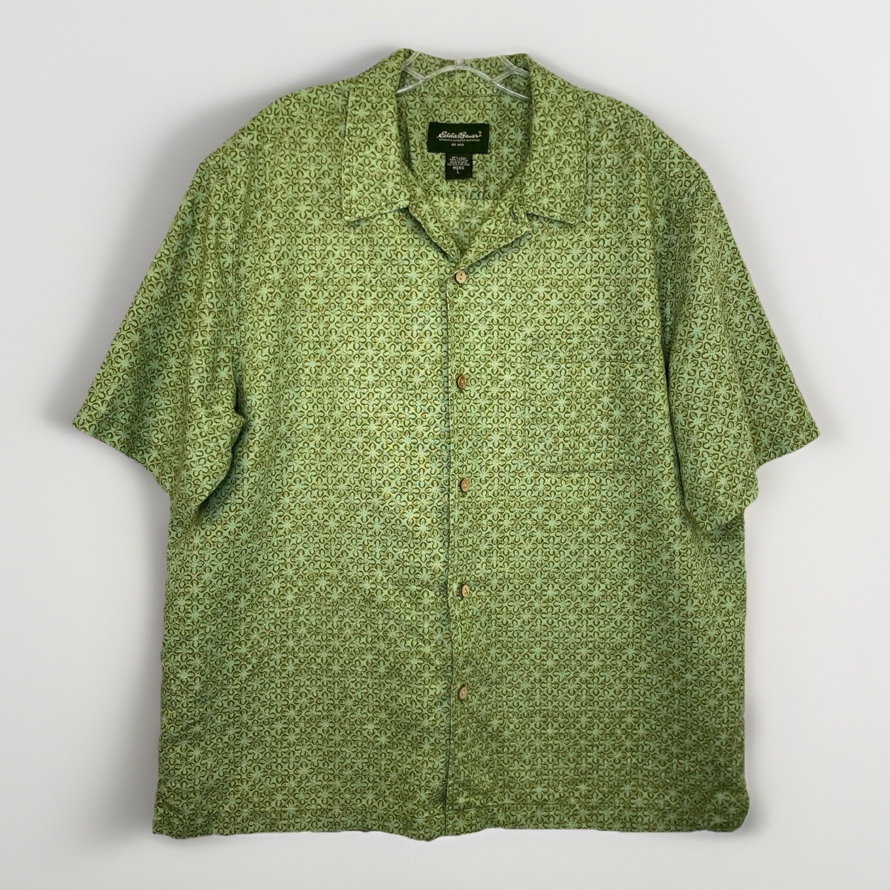 Eddie Bauer Linen Blend Shirt Men L Green Clover Print Button Up Short Sleeve